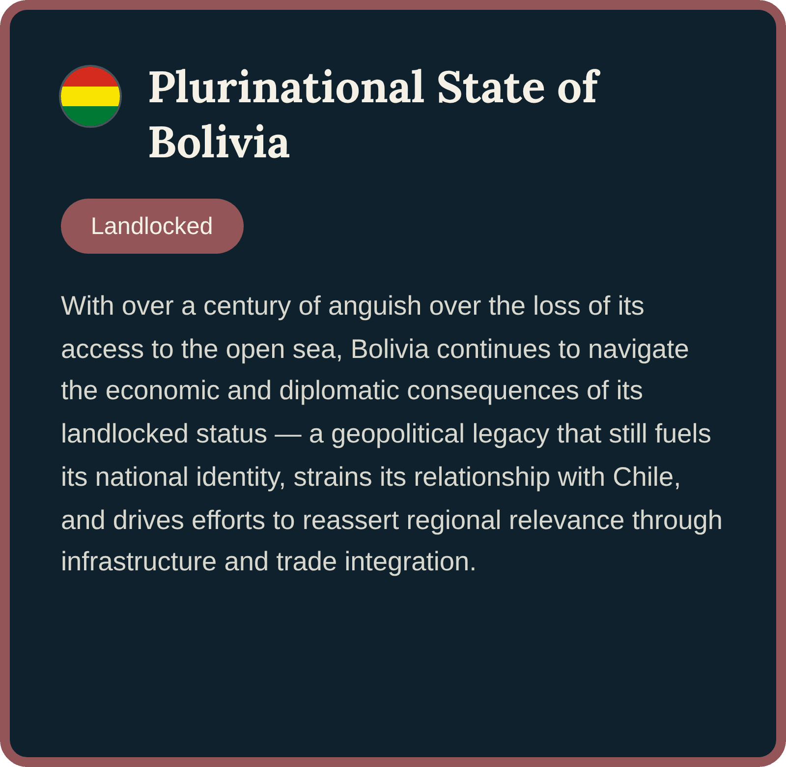 Global Stories country card for the Plurinational State of Bolivia, summarising its access to the open seas