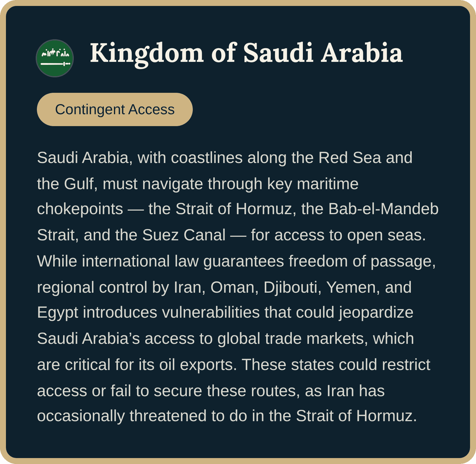 Global Stories country card for the Kingdom of Saudi Arabia, summarising its access to the open seas