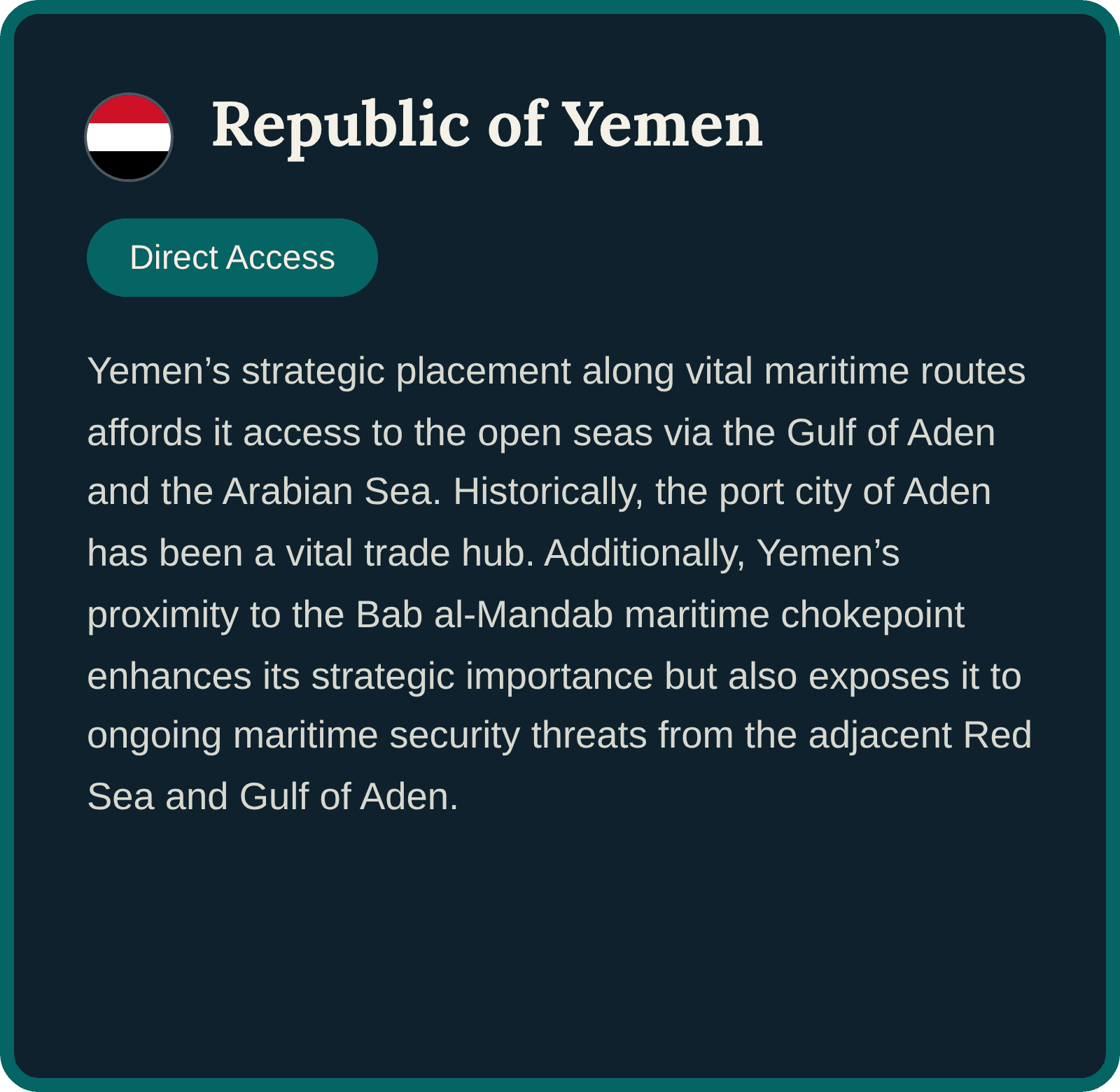 Global Stories country card for the Republic of Yemen, summarising its access to the open seas