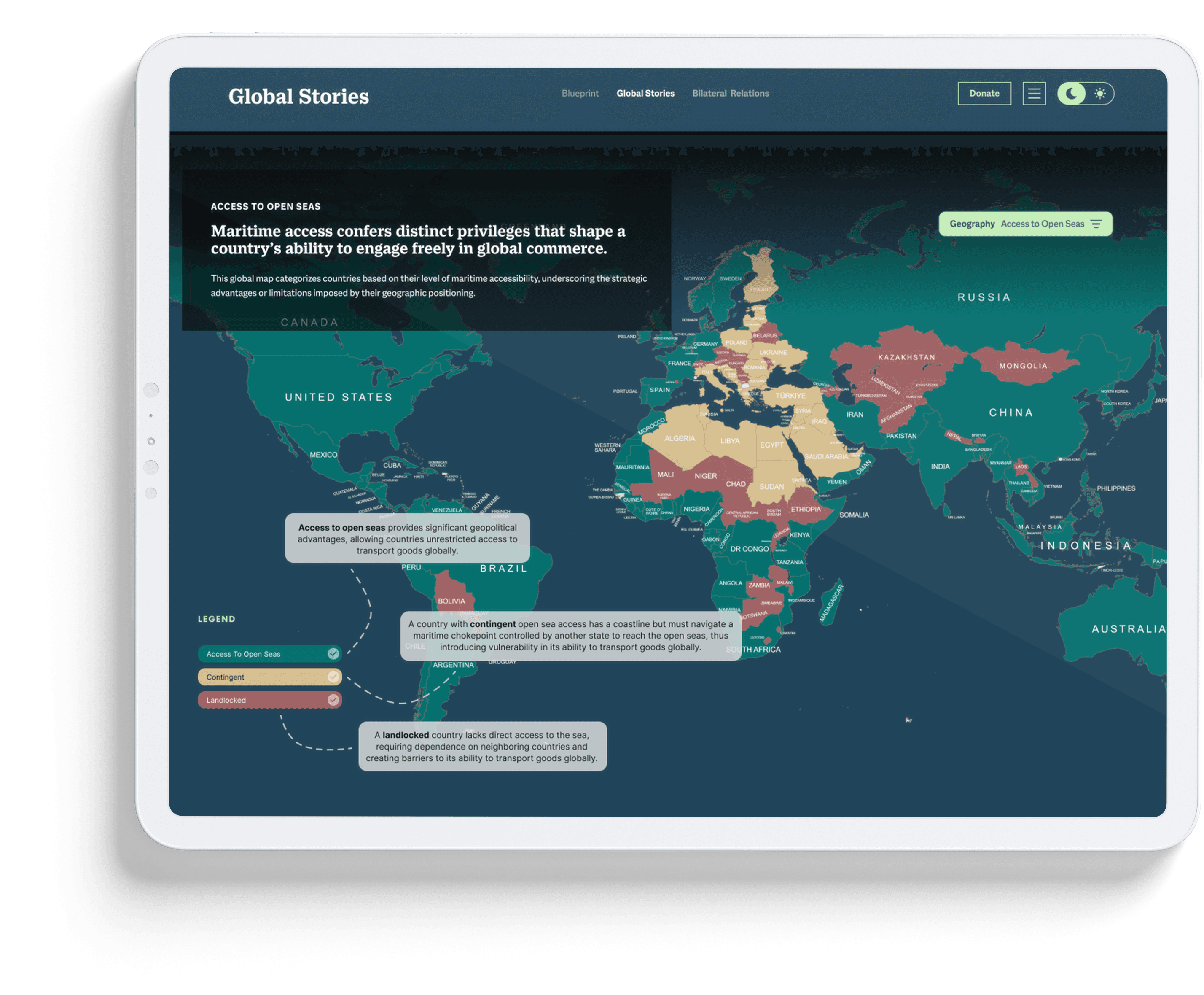 Global Stories on a tablet, showing a world map of countries coloured by their access to open seas