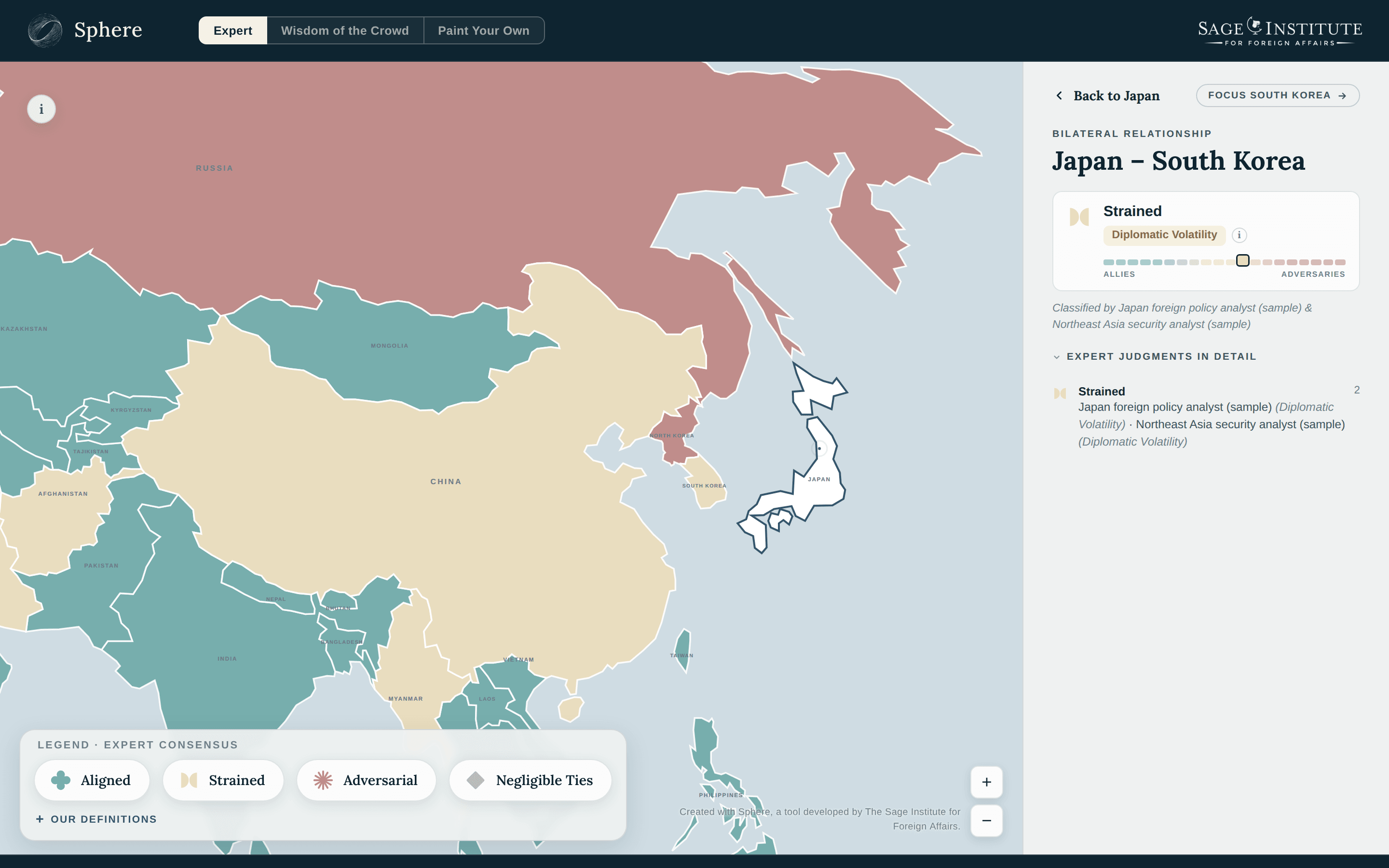 The Sphere prototype in its Expert view: a map of East Asia, with Japan and South Korea's relationship classified as strained, sub-classified as diplomatic volatility.